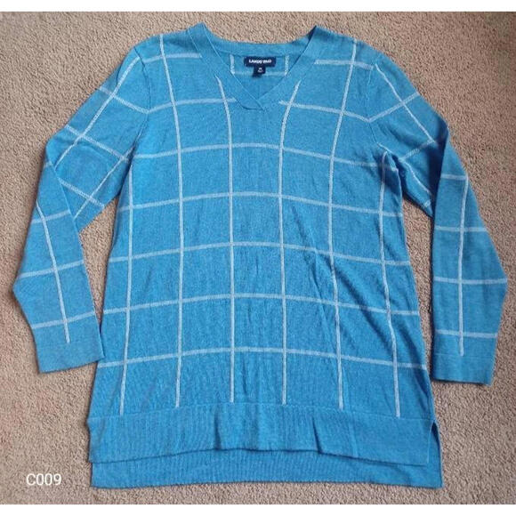 Lands' End Sweaters - Lands End Plaid Split Hem Sweater Womens M 10-12 V-Neck Blue Nautical Check